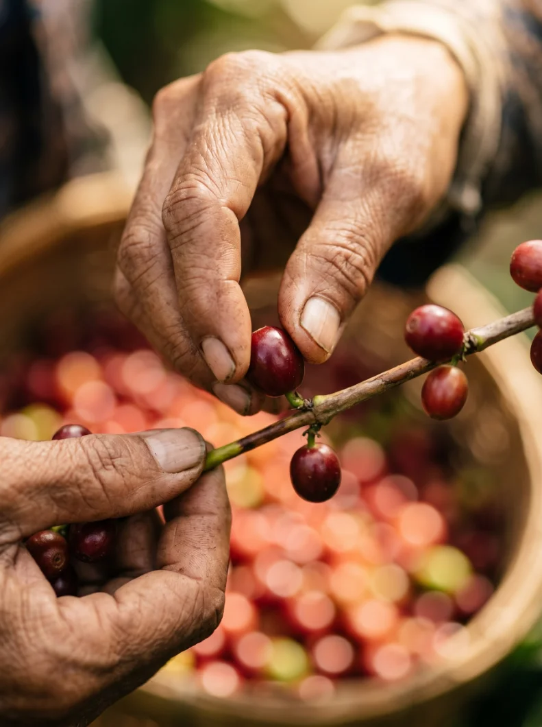 Hands selecting ripe coffee cherries